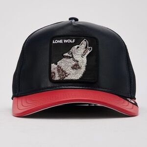 Goorin Brothers LEATHER/POLY LONE WOLF Trucker Hat Black & Red. New with Tags